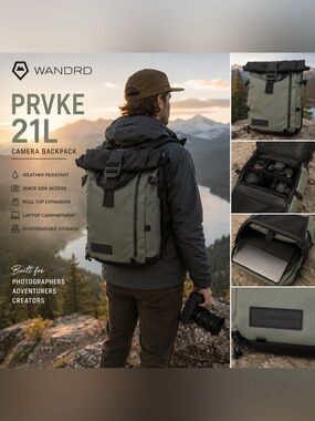 WANDRD PRVKE 21L Camera Backpack Green Roll Top w/ Camera Cube Laptop Travel Bag